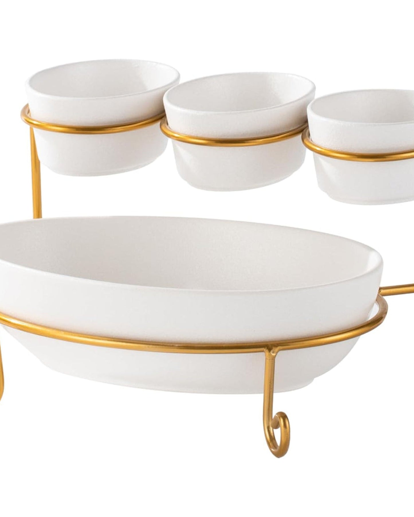 Bone China Shallow Porcelain 2-Tier Oval Serving Set with Gold Stand Rack - 3x 10cm and 1x 24cm