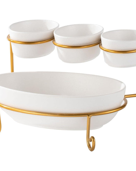 Bone China Shallow Porcelain 2-Tier Oval Serving Set with Gold Stand Rack - 3x 10cm and 1x 24cm