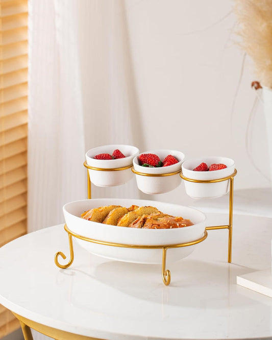 Bone China Shallow Porcelain 2-Tier Oval Serving Set with Gold Stand Rack - 3x 10cm and 1x 24cm
