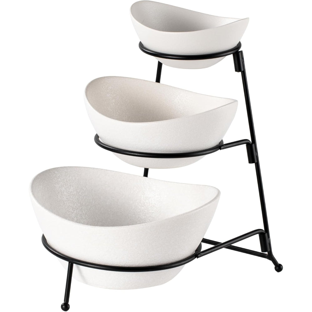 Bone China Shallow Porcelain 3-Tier Serving Bowl Set with Black Stand Rack - 13cm, 15cm, 19cm