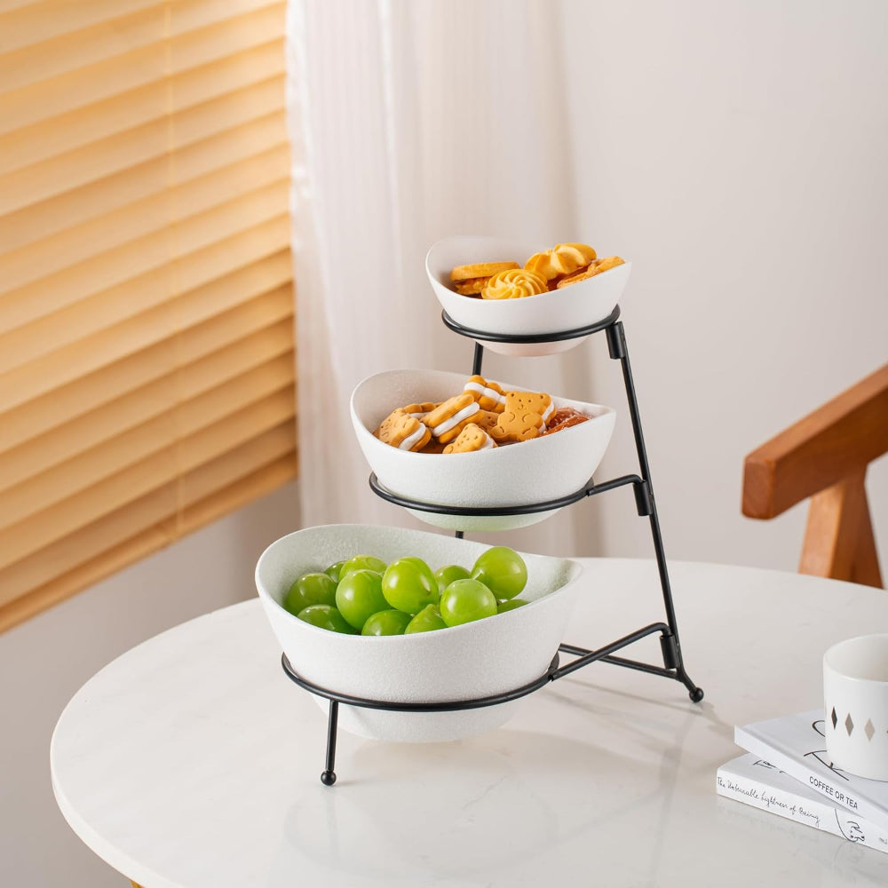 Bone China Shallow Porcelain 3-Tier Serving Bowl Set with Black Stand Rack - 13cm, 15cm, 19cm
