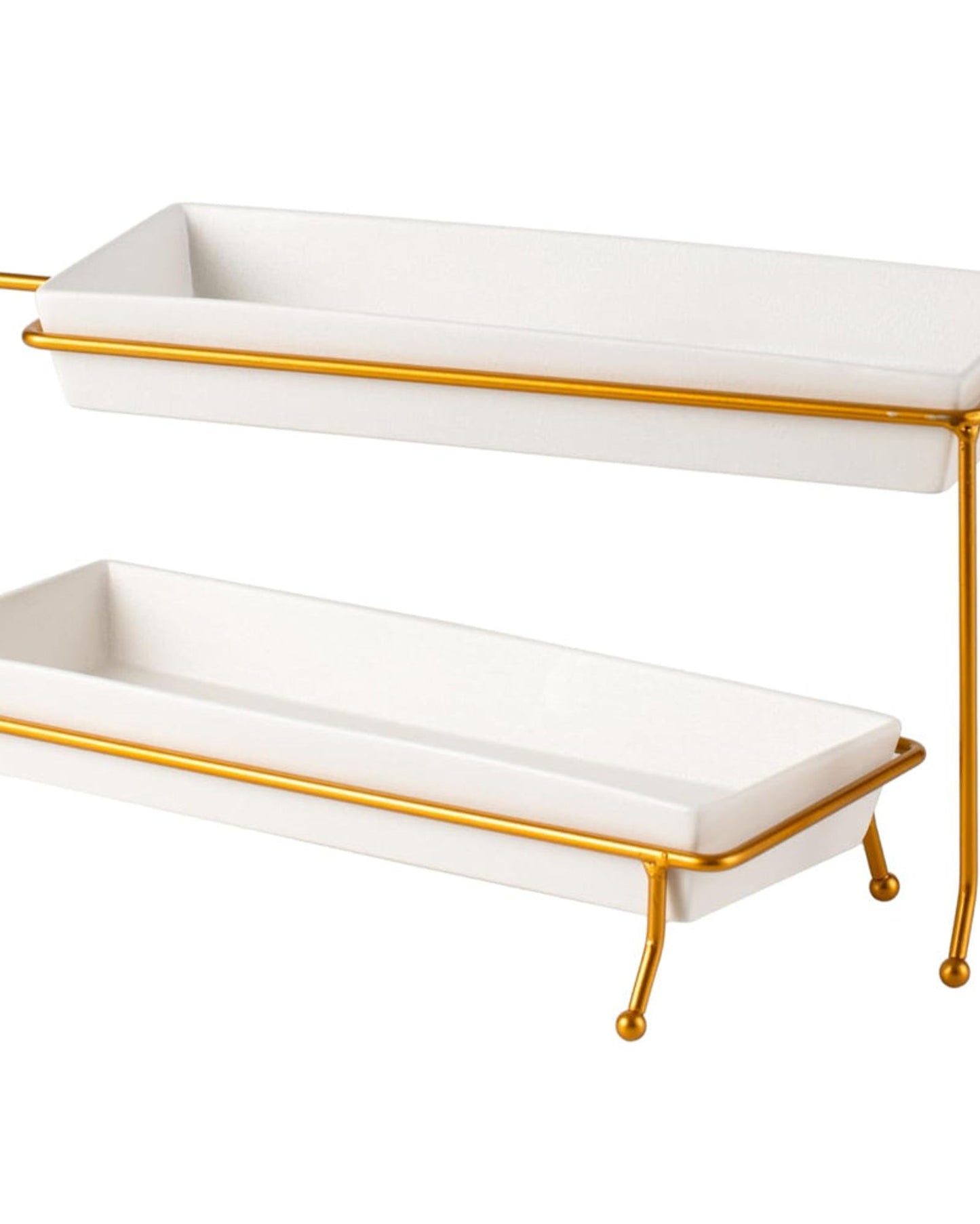 Shallow Porcelain 2-Tier Rectangular Plate with Gold Stand - Elegant 29cm Serving Display
