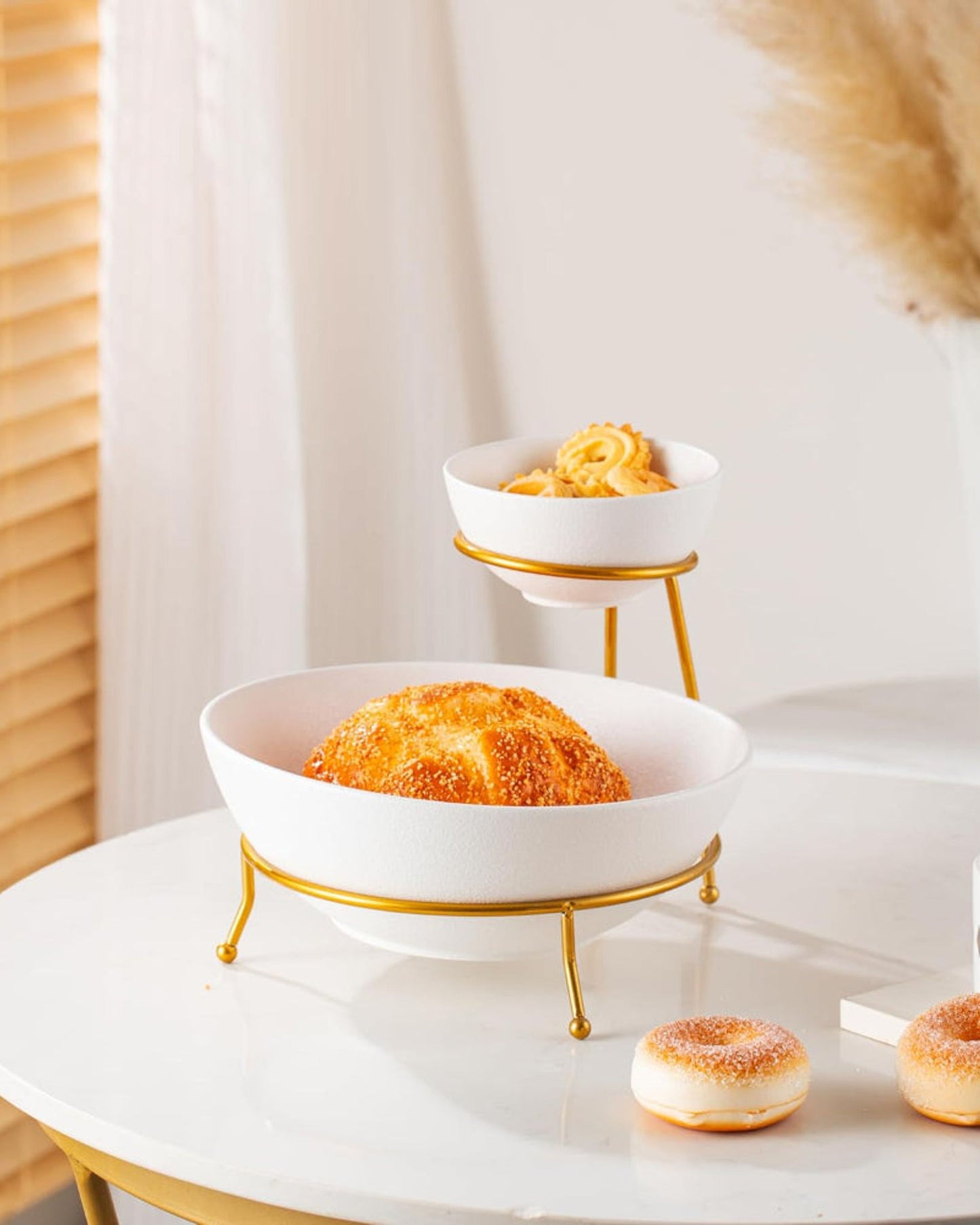 Bone China Shallow Porcelain Chip & Dip Bowl Set with Gold Stand Rack - 12cm and 24cm