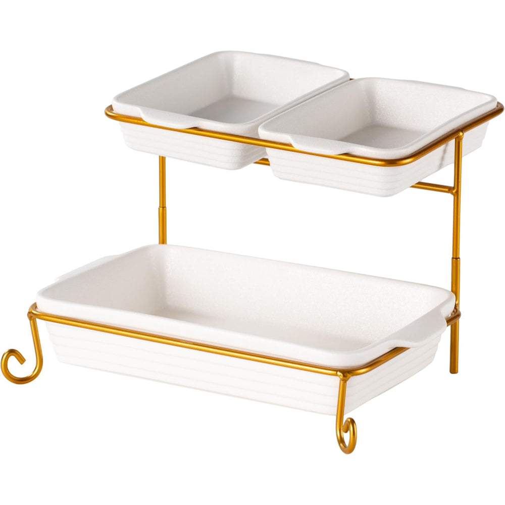 Shallow Porcelain 2-Tier Rectangular Serving Set with Gold Stand Rack - 2x 20cm and 30cm