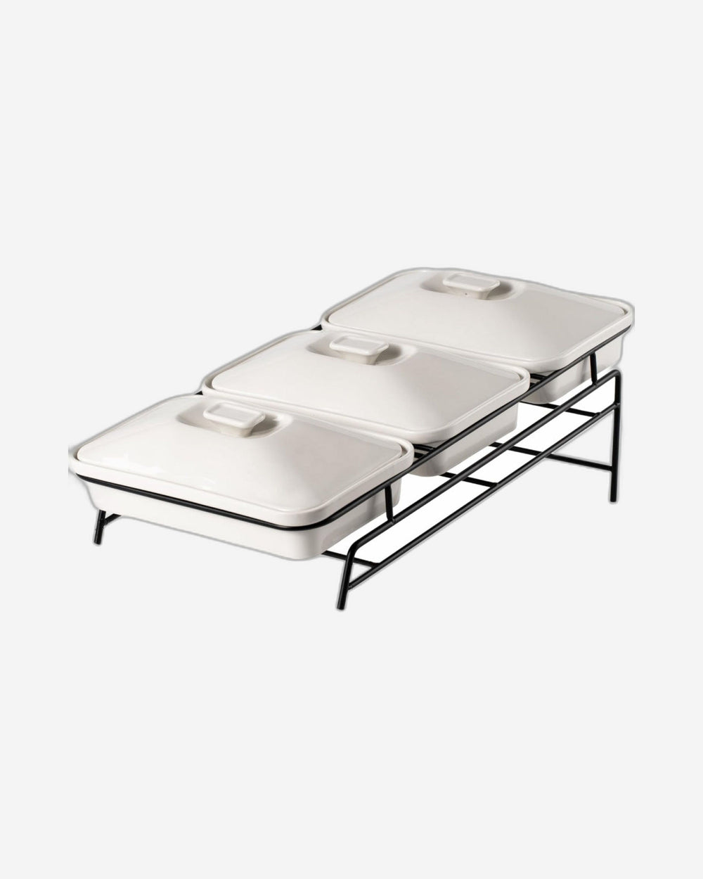 Shallow Porcelain 3-Tier Casserole Set with Black Stand Rack - 30cm x 3