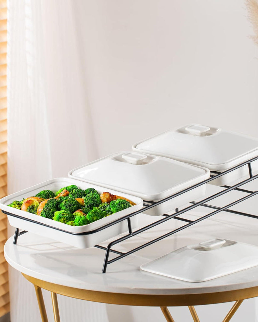 Shallow Porcelain 3-Tier Casserole Set with Black Stand Rack - 30cm x 3