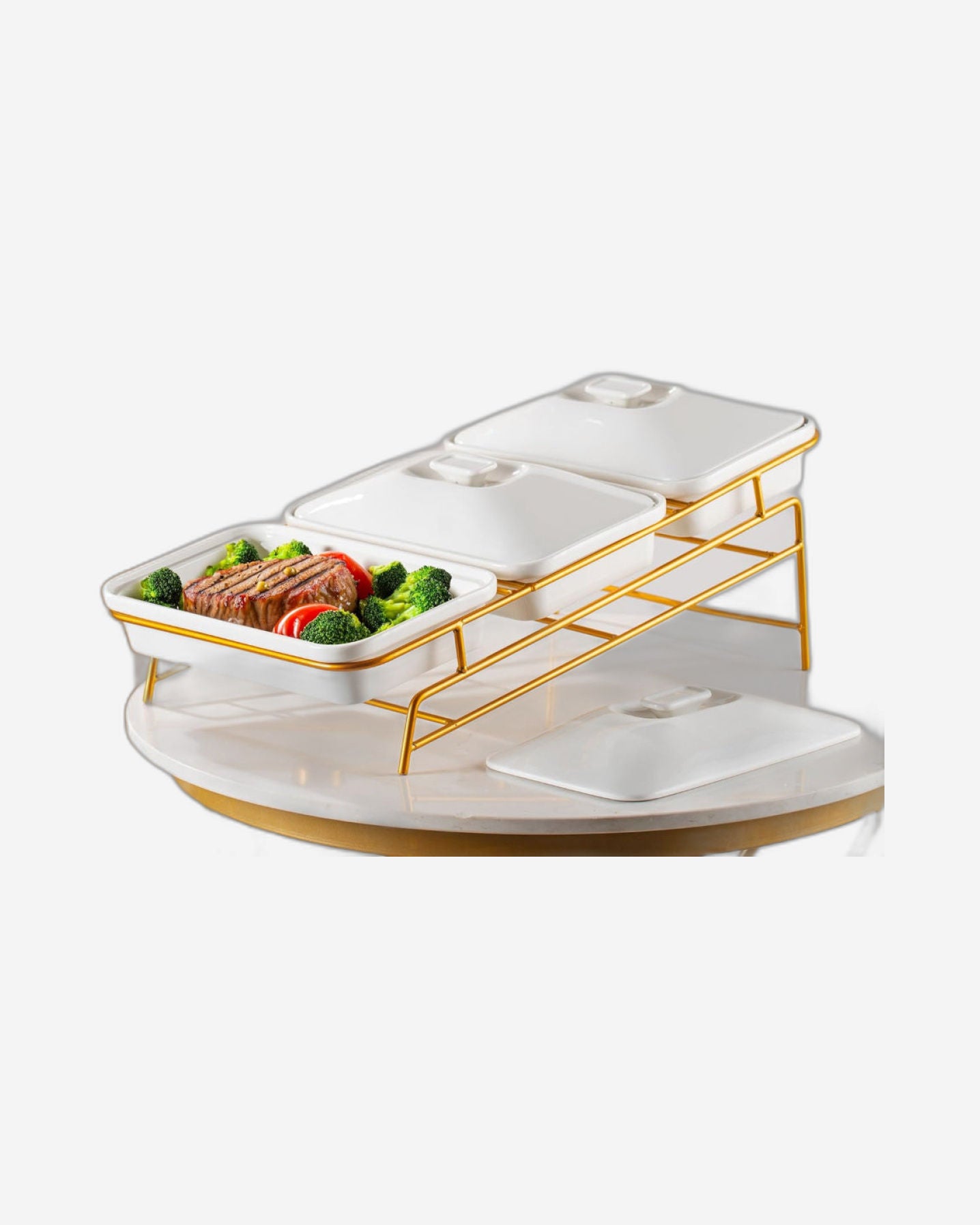 Shallow Porcelain 3-Tier Casserole Set with Gold Stand Rack - 30cm x 3