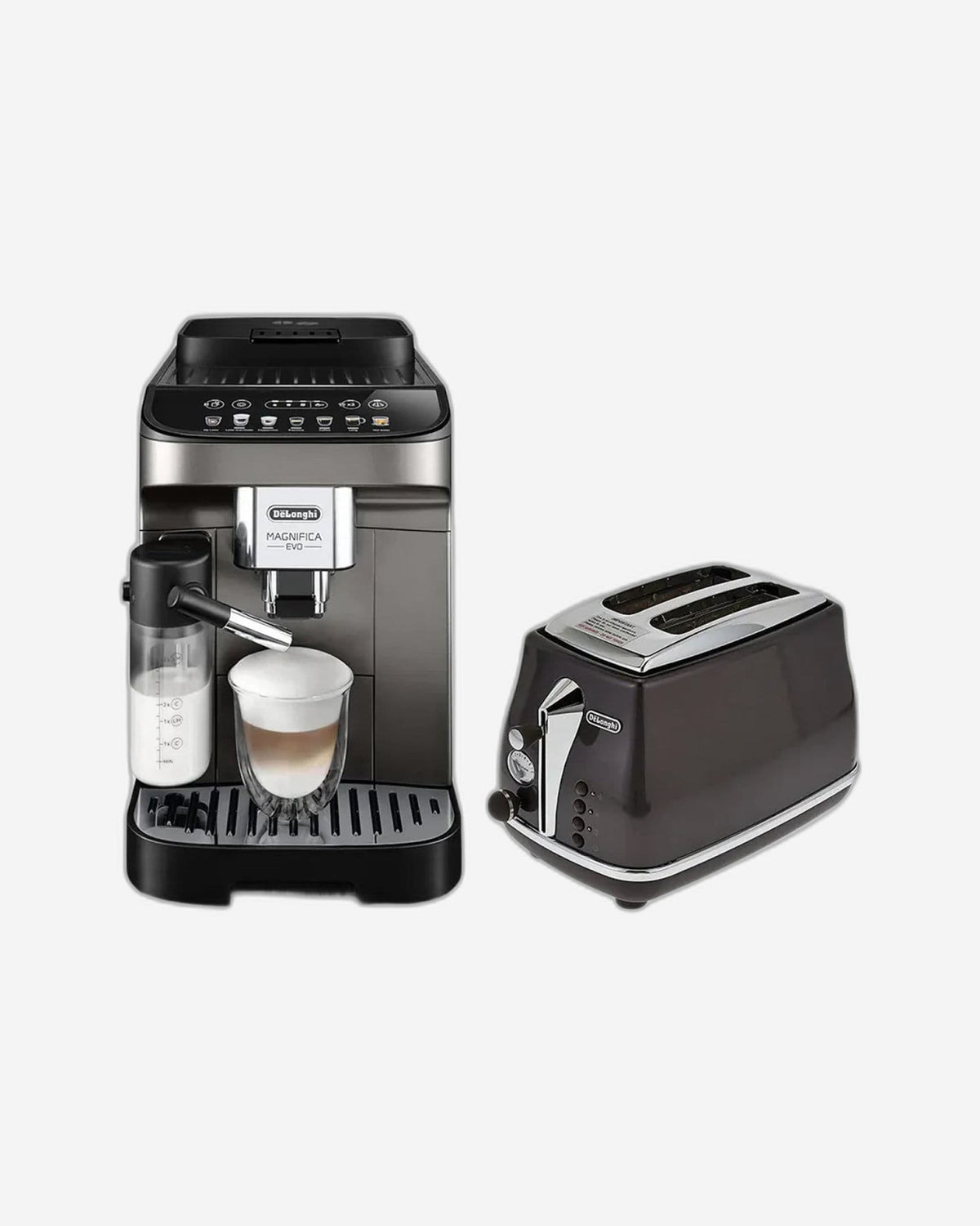 De'Longhi Magnifica Evo Coffee Machine & Toaster Bundle, 9+ Coffee Recipes, Titanium/Black – ECAM290.81.TB + CTOT2003.GY