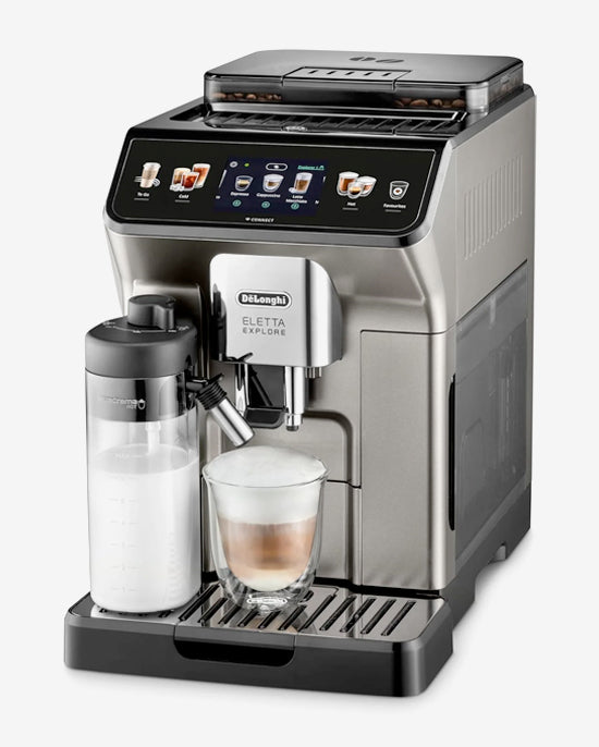 De'Longhi Eletta Explore Bean to Cup coffee machine with Latte cream Hot and cool Technology, Cold extraction technology, with 3.5"TFT display and soft control, wifi connectivity-Titanium,ECAM450.86.T (UAE ESMA Certified)