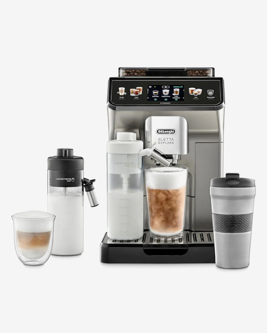 De'Longhi Eletta Explore Bean to Cup coffee machine with Latte cream Hot and cool Technology, Cold extraction technology, with 3.5"TFT display and soft control, wifi connectivity-Titanium,ECAM450.86.T (UAE ESMA Certified)