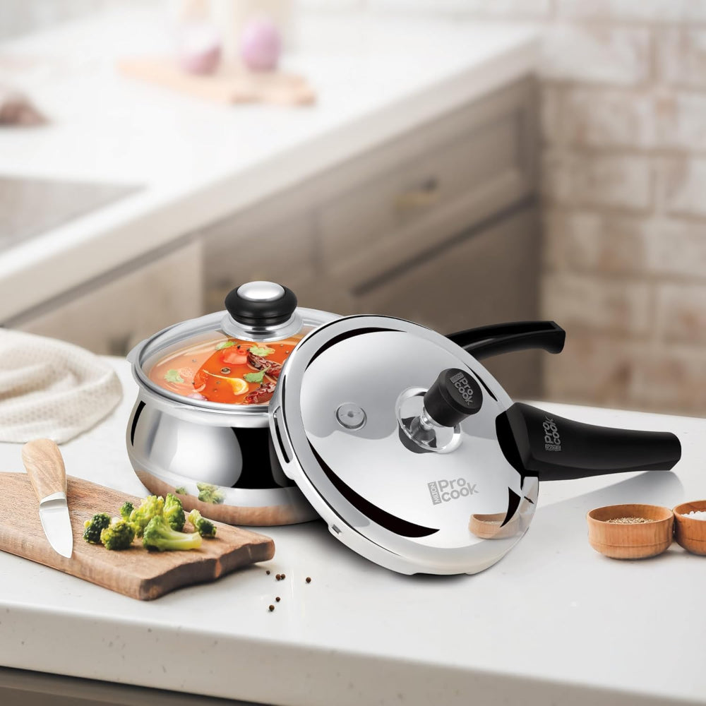 Milton Pro Cook Triply Stainless Steel Induction Curve Pressure Cooker with Outer & Glass Lid, 3.5 Litres, Silver | Gasket Release System Food Safe | Induction | Hot Plate | Flame Safe