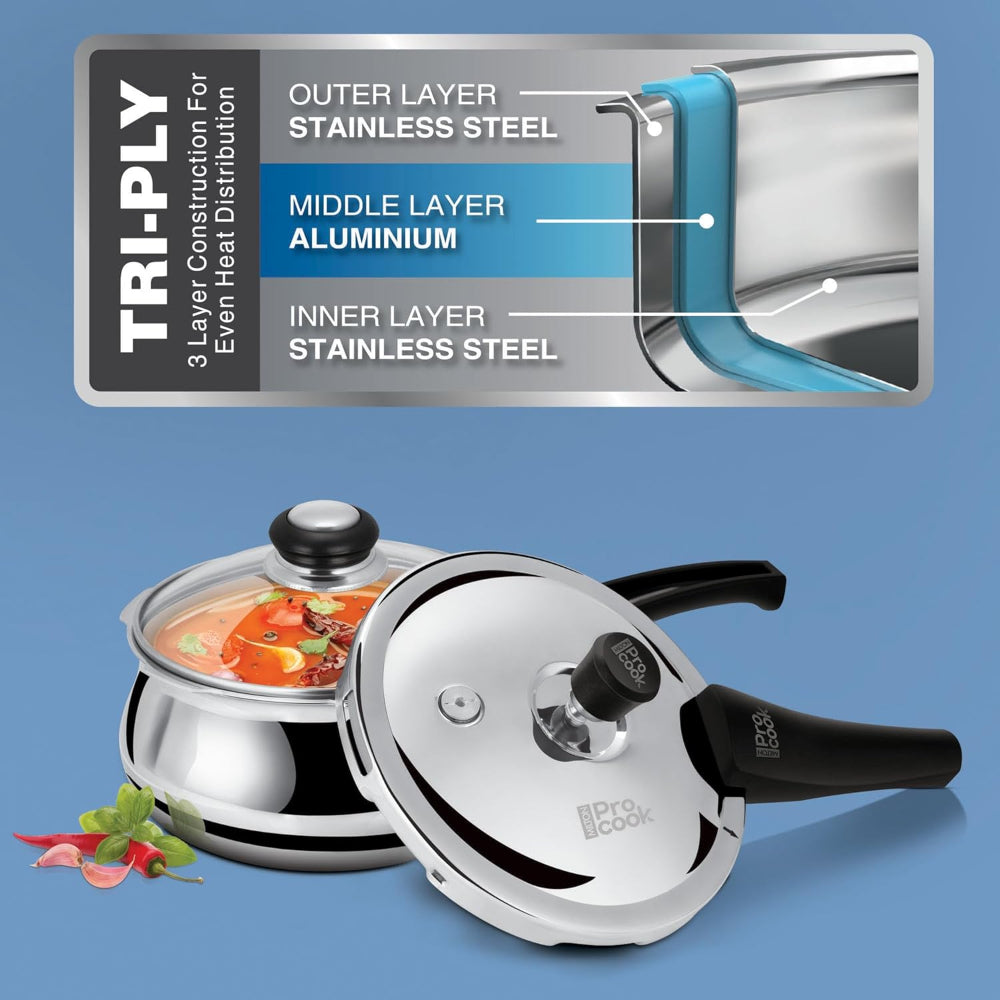 Milton Pro Cook Triply Stainless Steel Induction Curve Pressure Cooker with Outer & Glass Lid, 3.5 Litres, Silver | Gasket Release System Food Safe | Induction | Hot Plate | Flame Safe