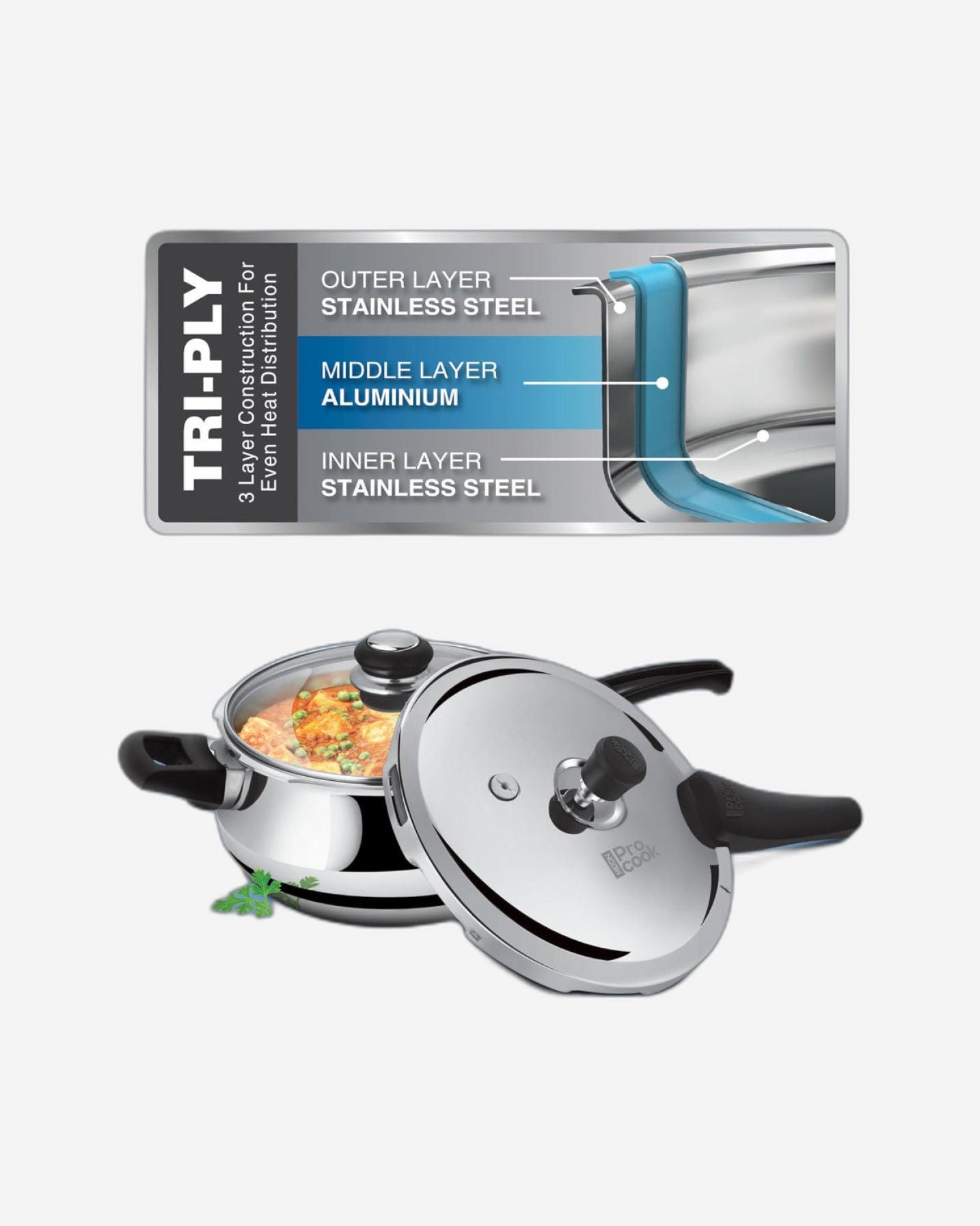 Milton Pro Cook Triply Stainless Steel Induction Curve Pressure Cooker with Outer & Glass Lid, 5.5 Litres, Silver | Gasket Release System Food Safe | Induction | Hot Plate | Flame Safe