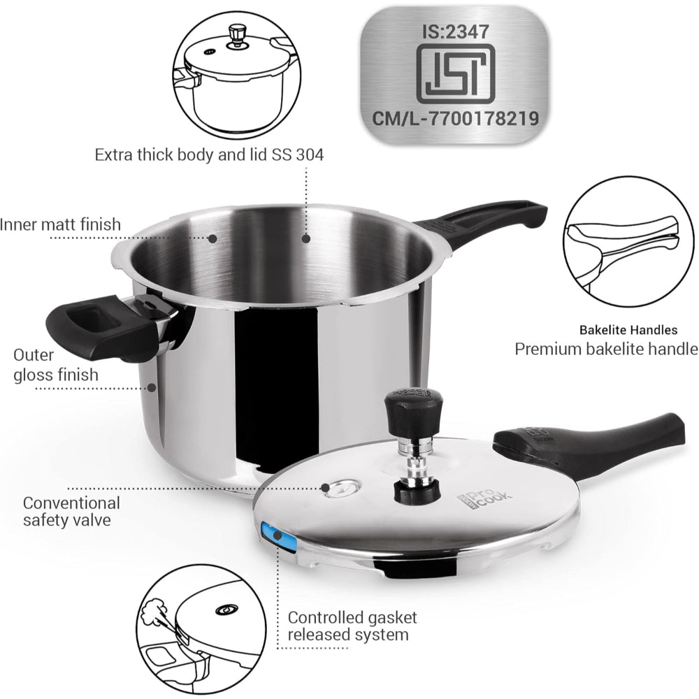 Milton Pro Cook Triply Stainless Steel Pressure Cooker With Outer Lid, 5 litre, Silver | Dishwasher Safe | Food Safe | Induction Safe | Hot Plate Safe | Flame Safe