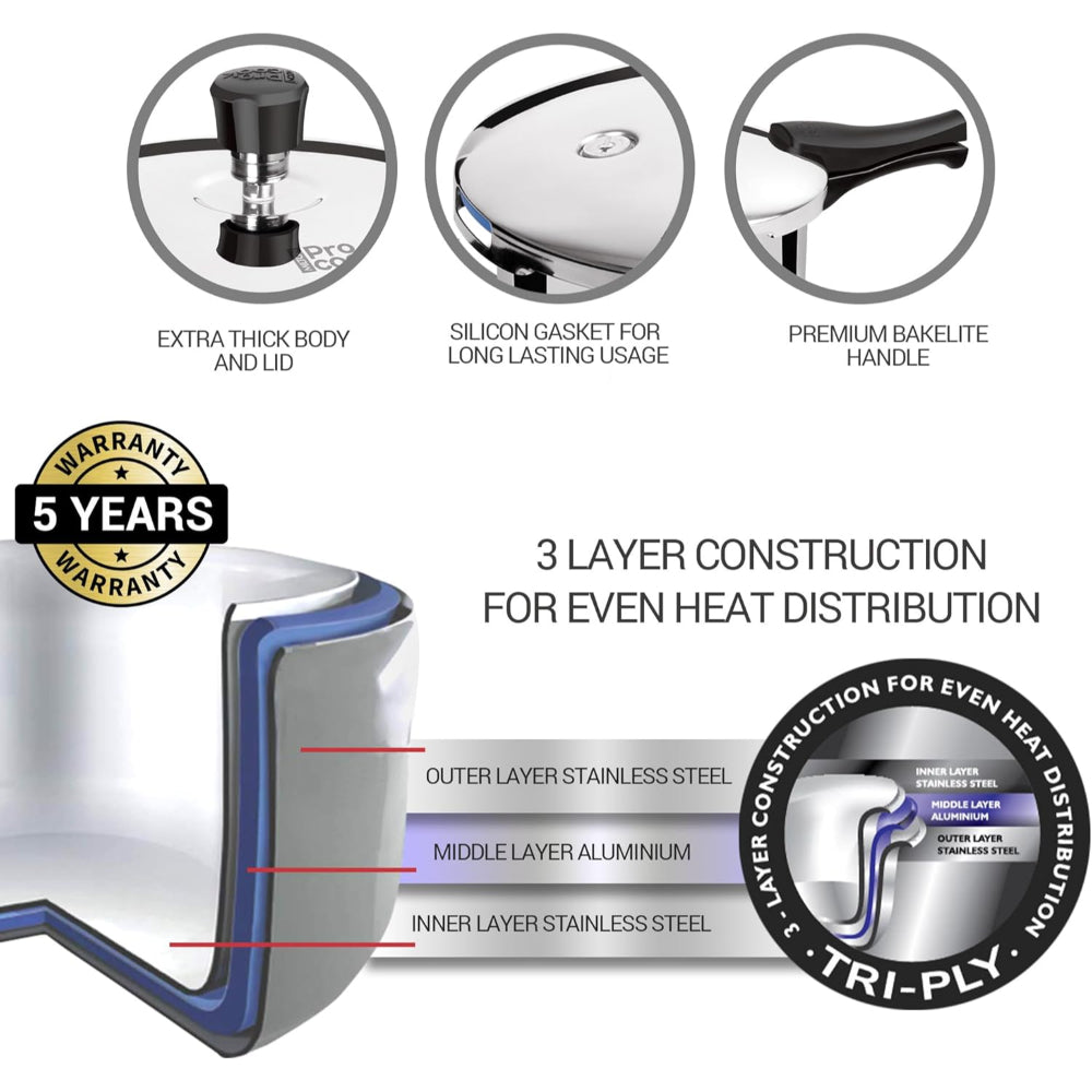 Milton Pro Cook Triply Stainless Steel Pressure Cooker With Outer Lid, 5 litre, Silver | Dishwasher Safe | Food Safe | Induction Safe | Hot Plate Safe | Flame Safe