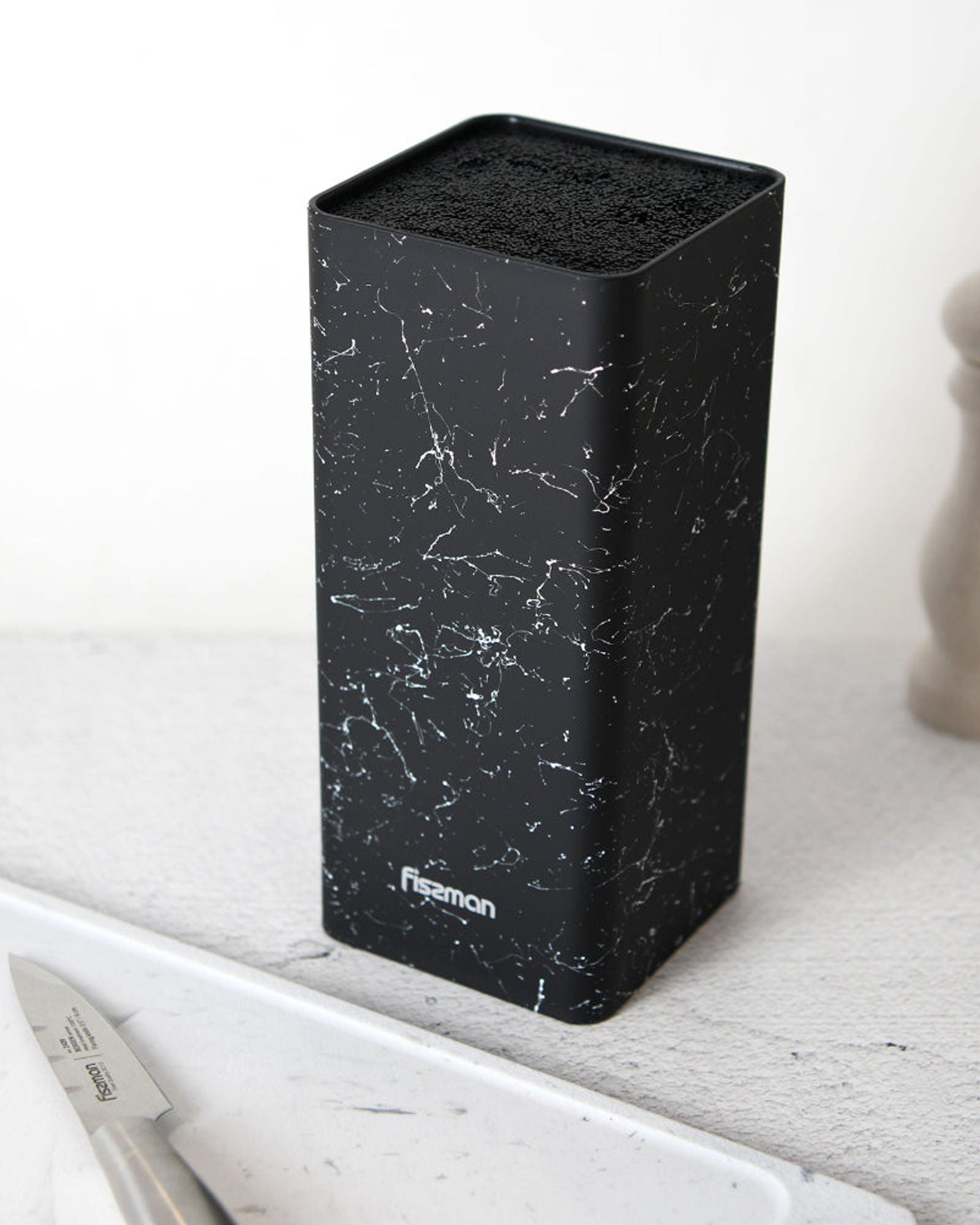Fissman Kitchen Knife Organizer 10x10x22cm, Square Shaped, Black Marble (Plastic)