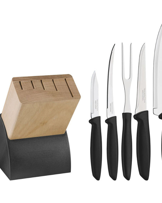 Tramontina Since 1911 Made In Brazil Tramontina Plenus 6-Piece Knife Set With Stainless Steel Blades, Black Polypropylene Handles And Wood Block