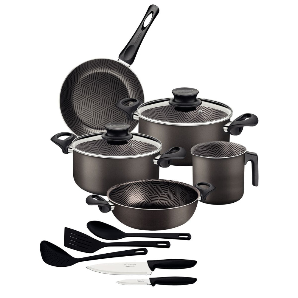 Tramontina Since 1911 Made In Brazil Tramontina Paris 12-Piece Lead-Colored Aluminum Cookware Set With Interior And Exterior Starflon Max Nonstick Coating