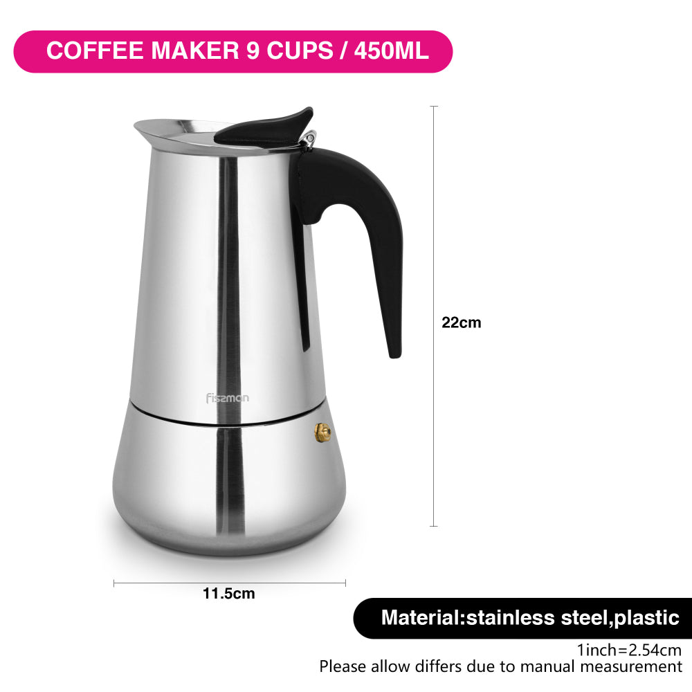 Fissman Stovetop Espresso Maker 450ml for 9 Cups Stainless Steel