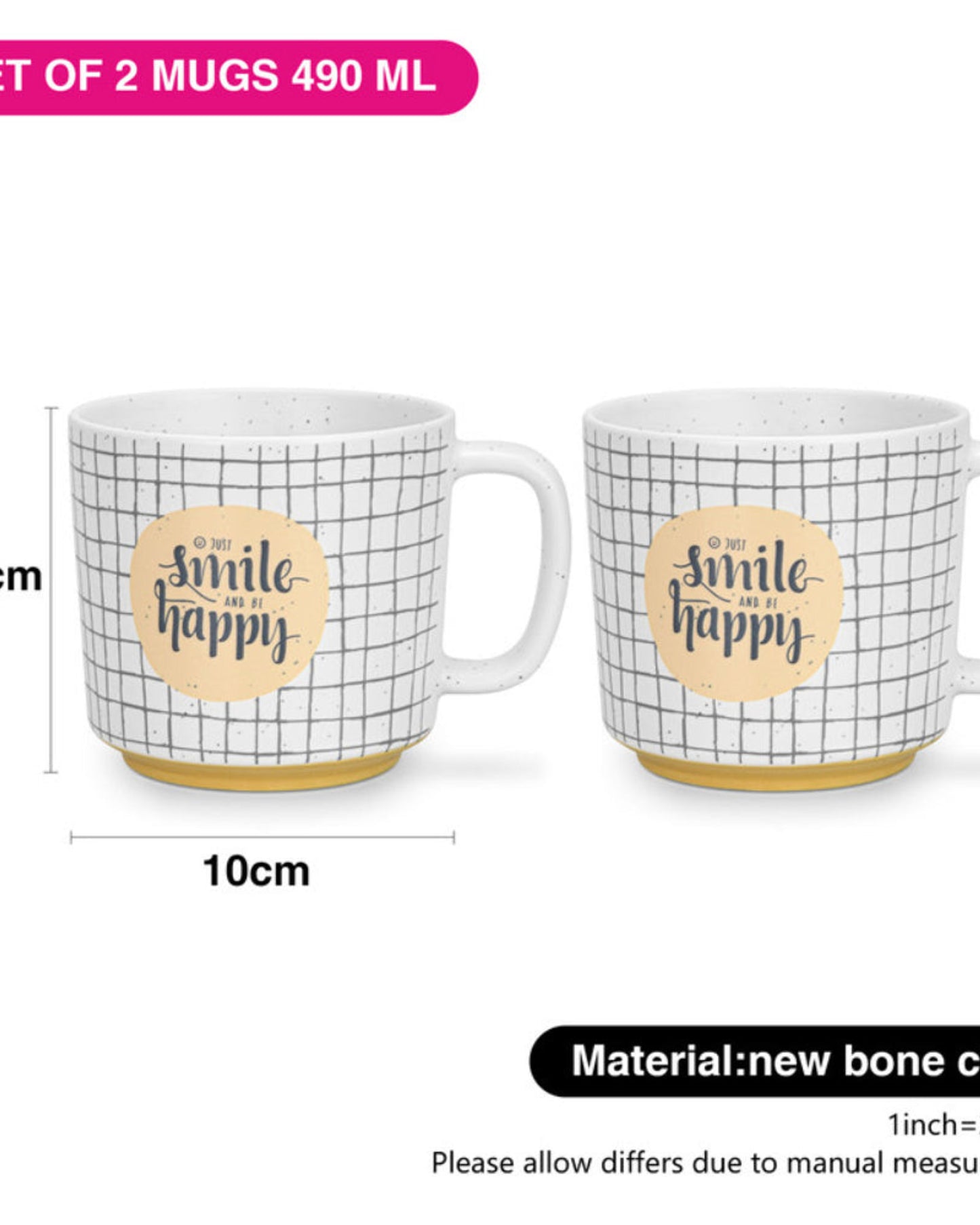 Fissman 2-Piece Mugs 490ml Smile Happy Checked New Bone China
