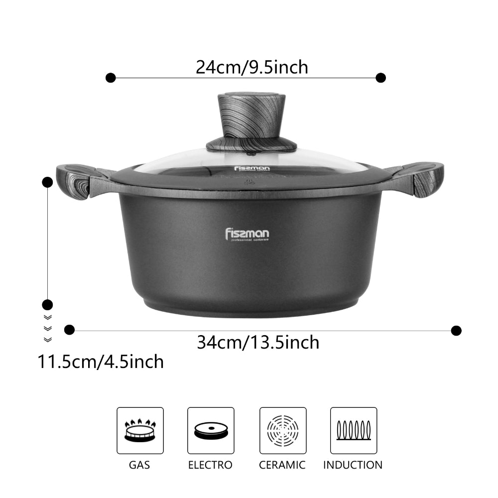 Fissman Stock Pot 20cm/2.4LTR with Glass Lid Aluminium With Non-Stick Coating And Induction Bottom