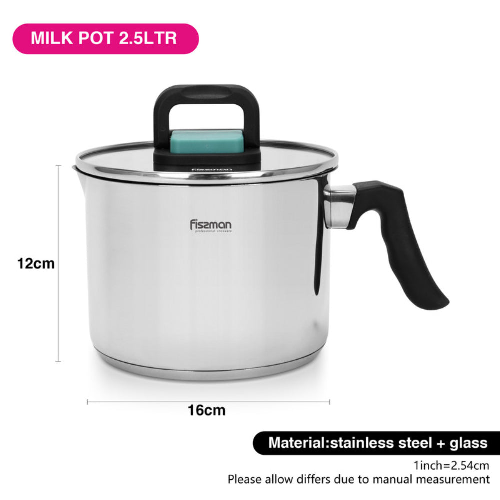 Fissman Milk Pot 16cm/2.5LTR With Glass Lid Stainless Steel