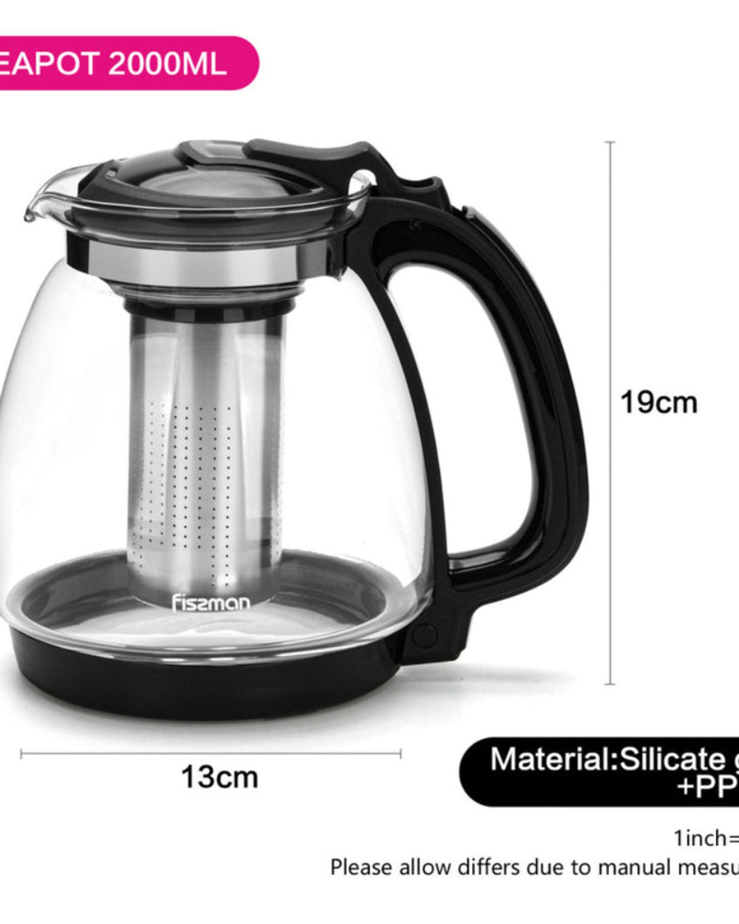 Fissman Tea Pot Borosilicate Glass with Stainless Steel Filter 2000ml
