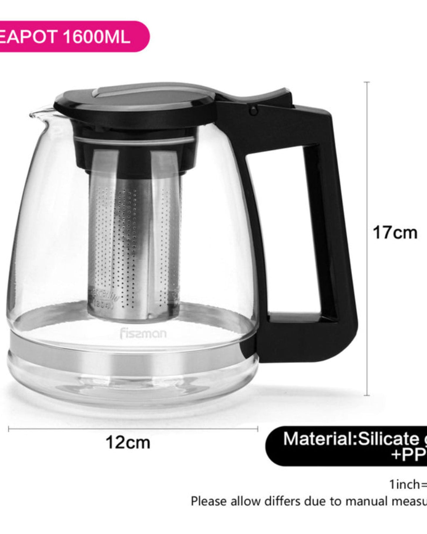 Fissman Tea Pot With Filter Black/Clear 1600ml