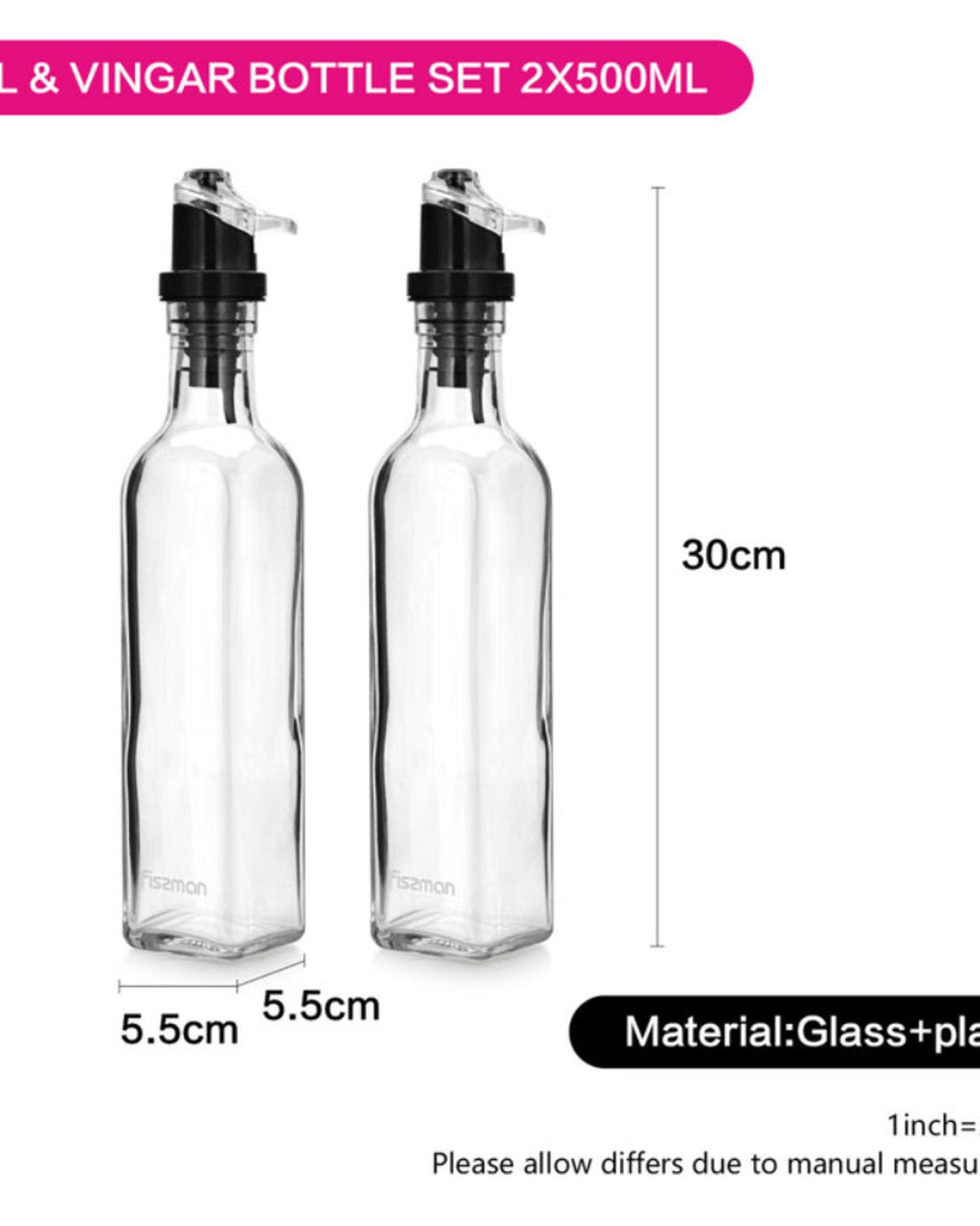 Fissman Oil & Vinegar Bottle 2Pc Black/Clear 250ml