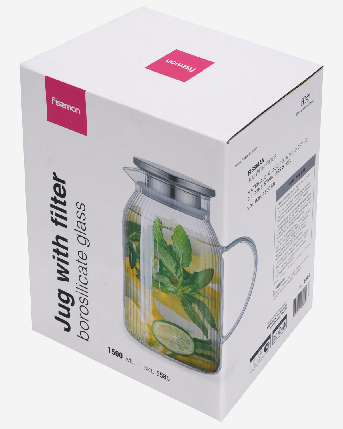 Fissman Glass Pitcher 1500ml Stainless Steel Silicone Lid