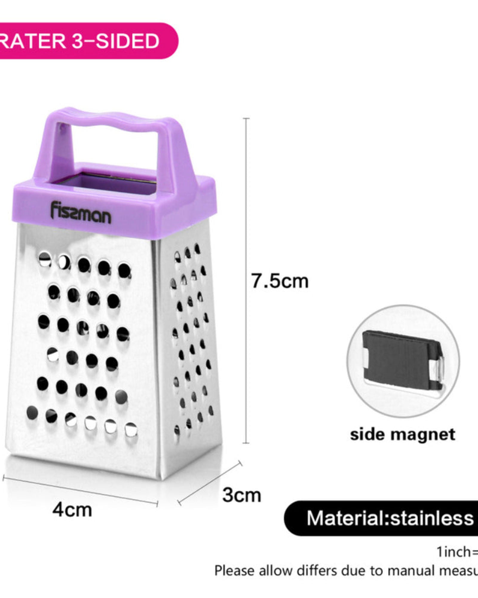 Fissman 3-Sided MINI Grater Stainless Steel Multifunctional Handheld Cheese Peel Ref Magnet 3inch