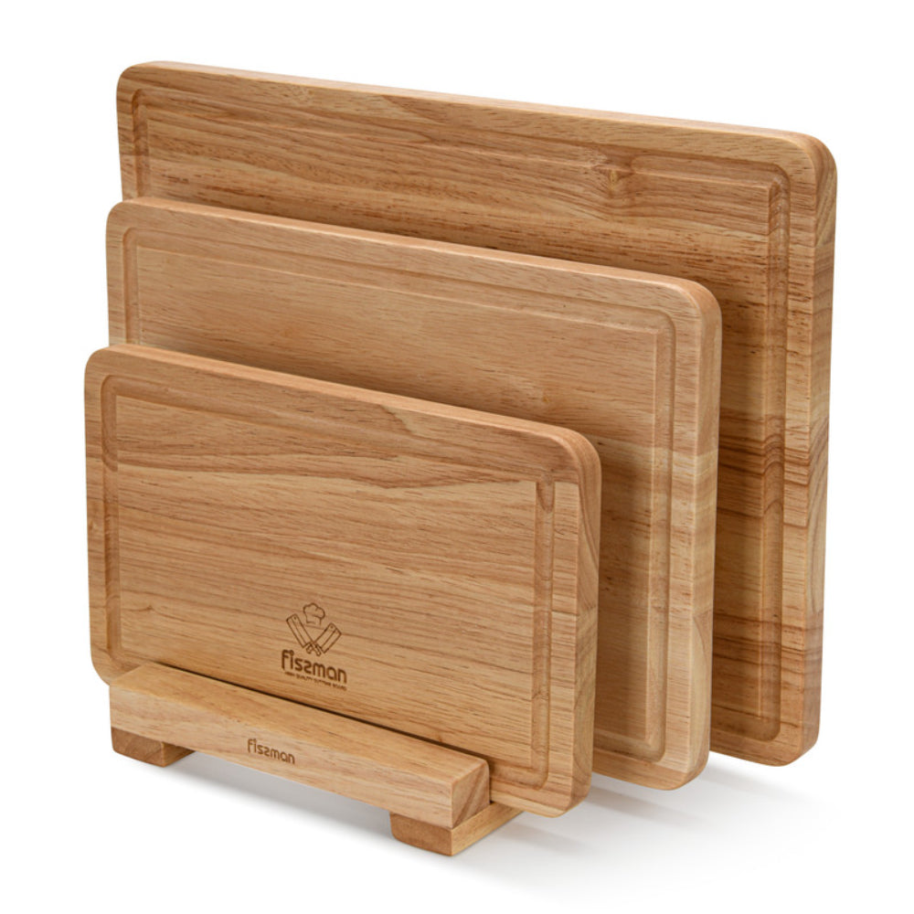 Fissman 3-Piece Cutting Boards 35cm, 30cm, 25cm With Stand Rubber Wood