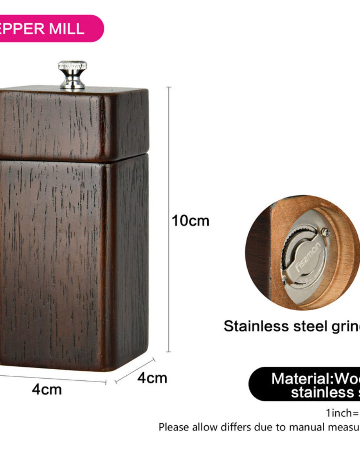 Fissman Square Shape Pepper Mill Dark Brown 11 x 5cm