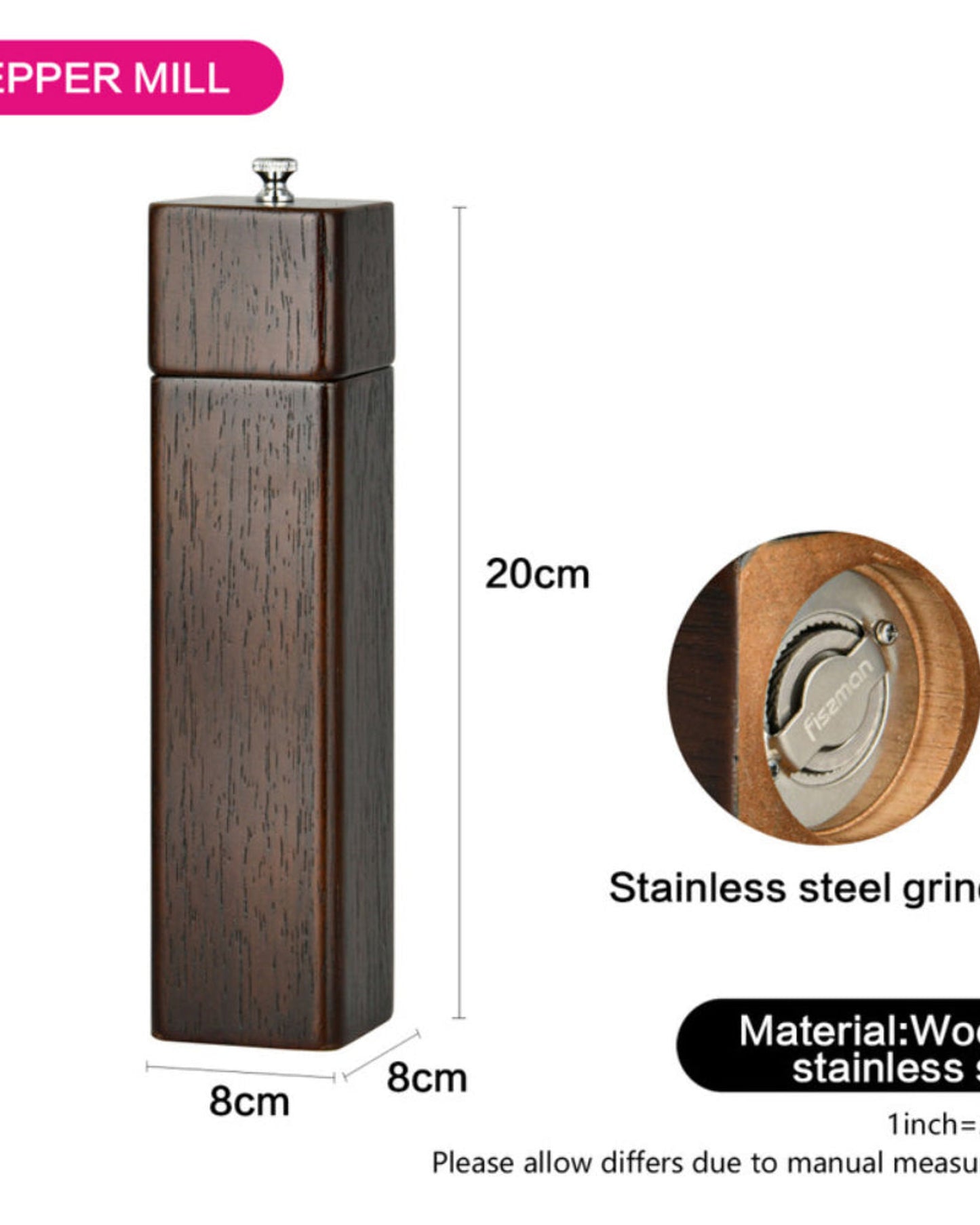 Fissman Square Shape Pepper Mill Dark Brown 21.5 x 5cm