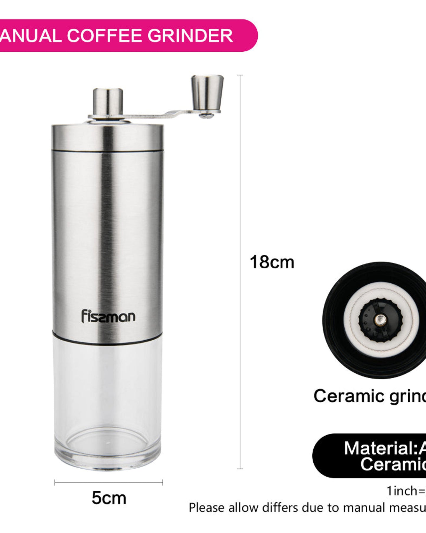 Fissman Coffee Mill Silver/Clear 18cm