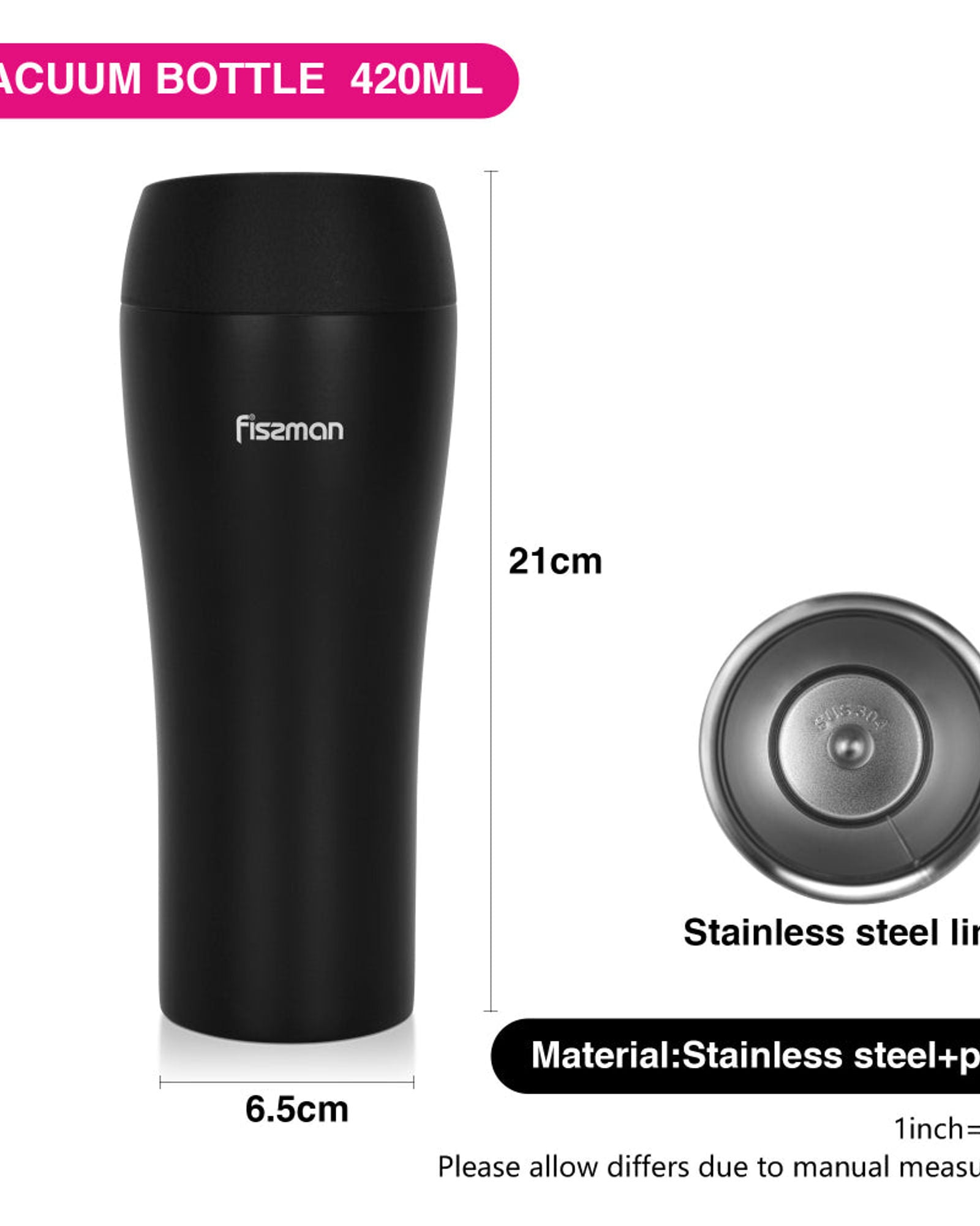 Fissman Double Wall Vacuum Travel Mug 420ml, Black Color Stainless Steel