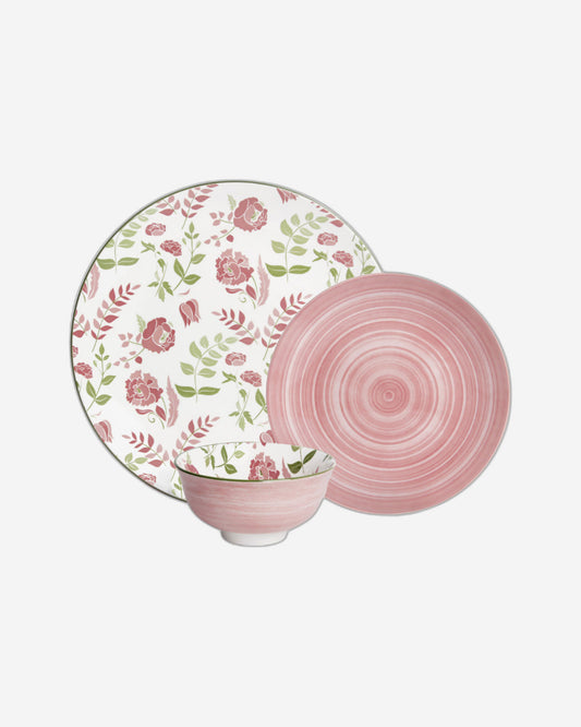 Shallow Porcelain Arlo Dinner Set, 12 Pieces, Pink, (4 Dinner Plates, 4 Side Plates, 4 Small Bowl)