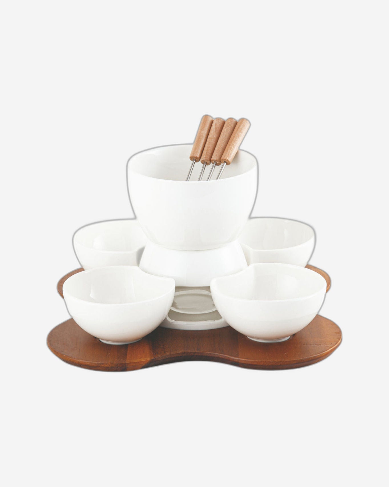 Shallow Acacia Wood Porcelain with Stainless Steel Single 10 Pieces Fondue Set, White & Brown, 27cm
