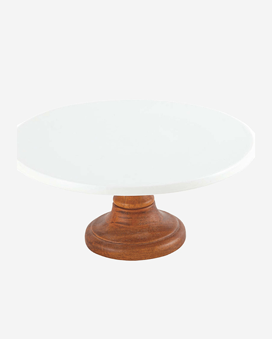 Shallow Acacia Wood Porcelain Cake Stand, 26cm, White & Brown