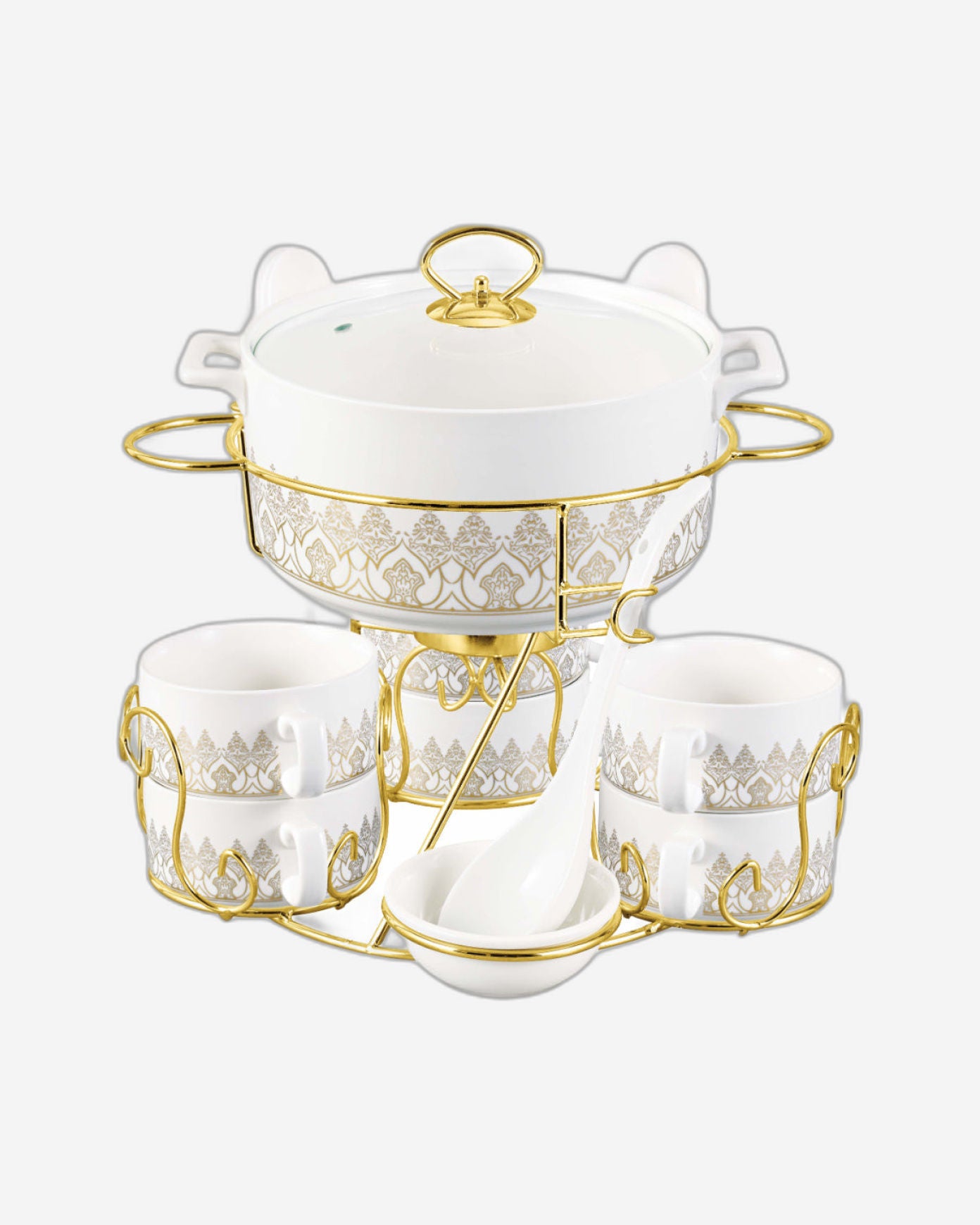 Shallow Azu 17 Piece Soup Set with Gold Stand - White Porcelain
