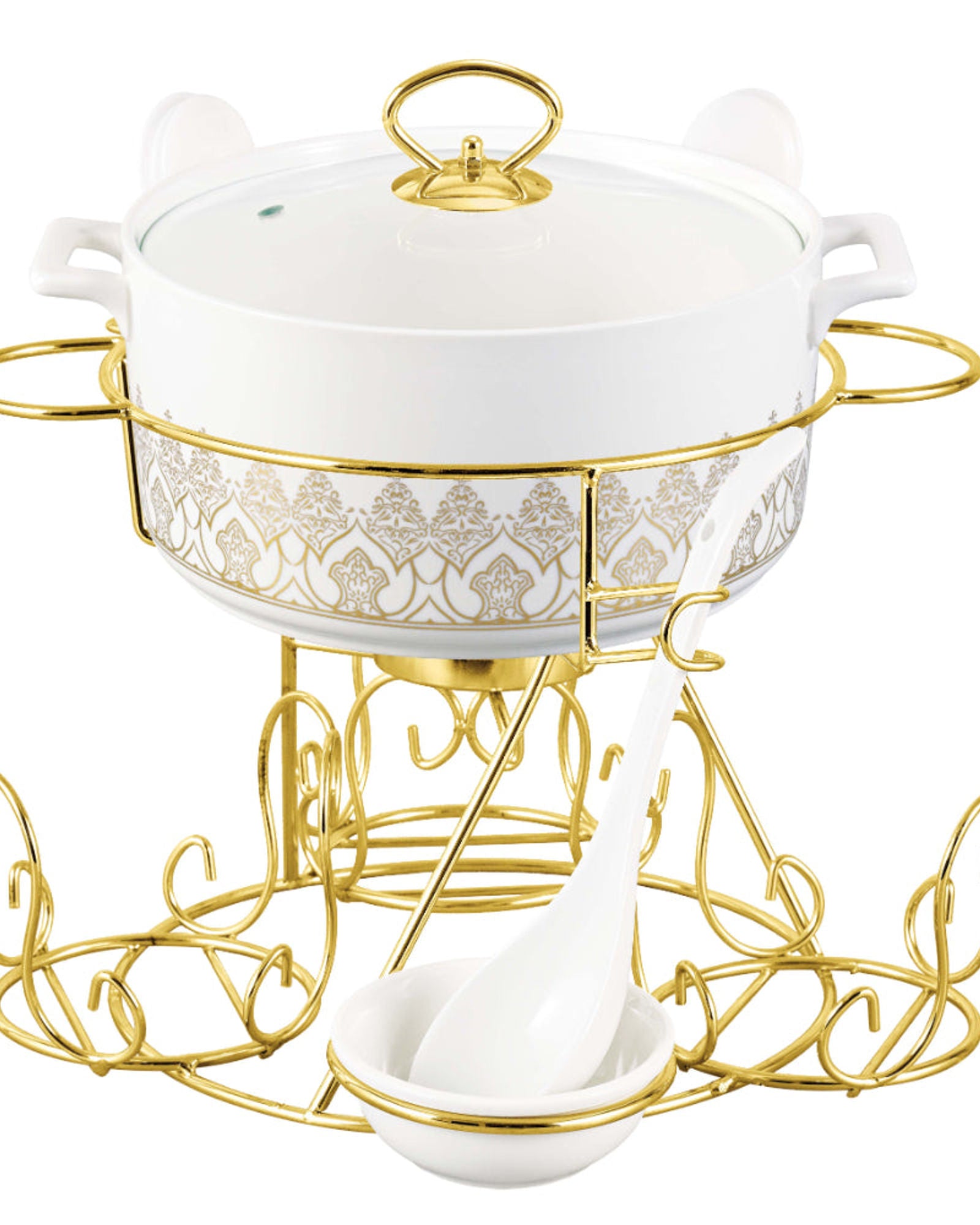 Shallow Azu 17 Piece Soup Set with Gold Stand - White Porcelain