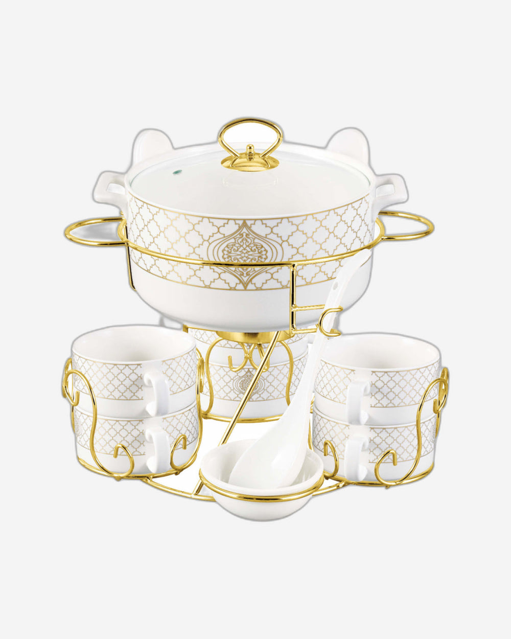 Shallow Badr 17 Piece Soup Set with Gold Stand - Luxurious White Porcelain