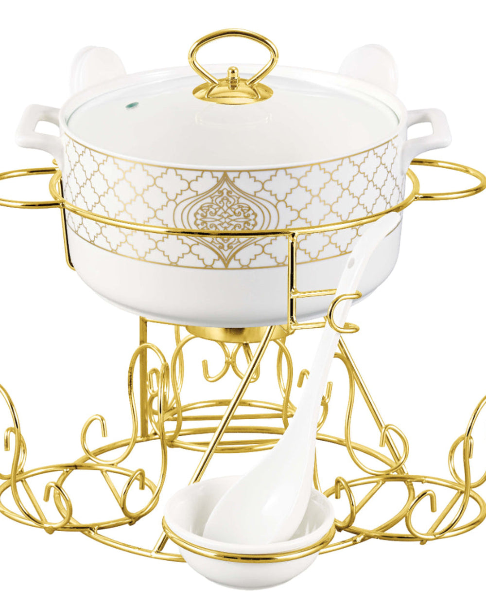 Shallow Badr 17 Piece Soup Set with Gold Stand - Luxurious White Porcelain