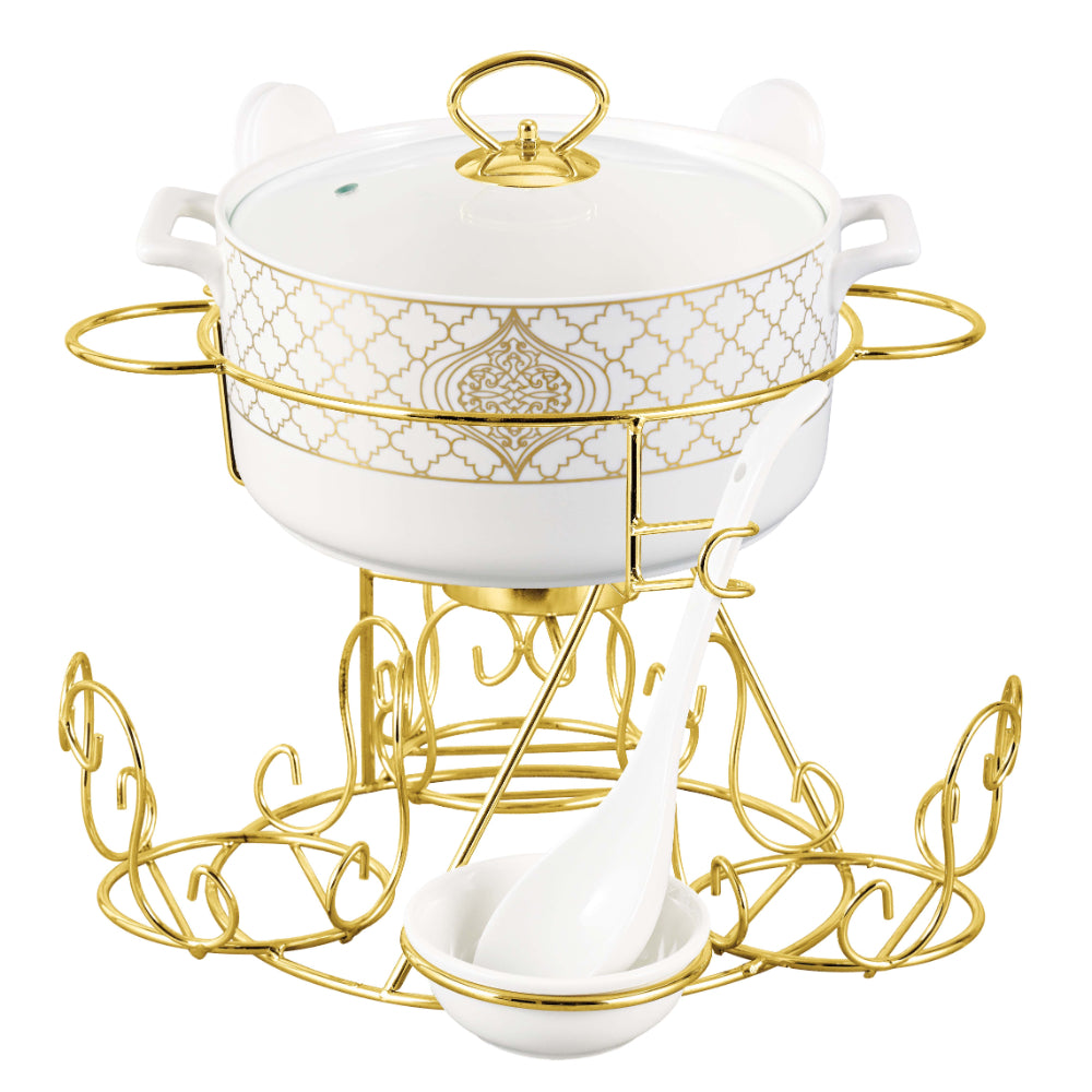 Shallow Badr 17 Piece Soup Set with Gold Stand - Luxurious White Porcelain