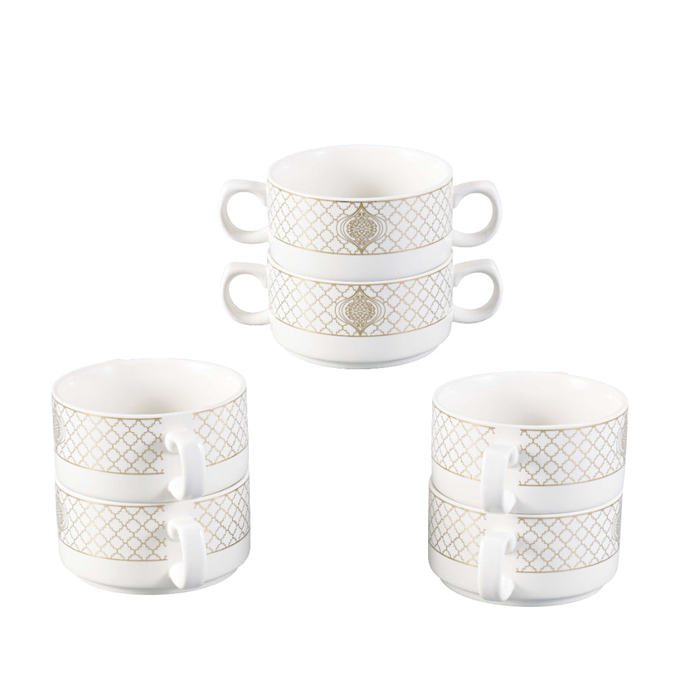 Shallow Badr 17 Piece Soup Set with Gold Stand - Luxurious White Porcelain