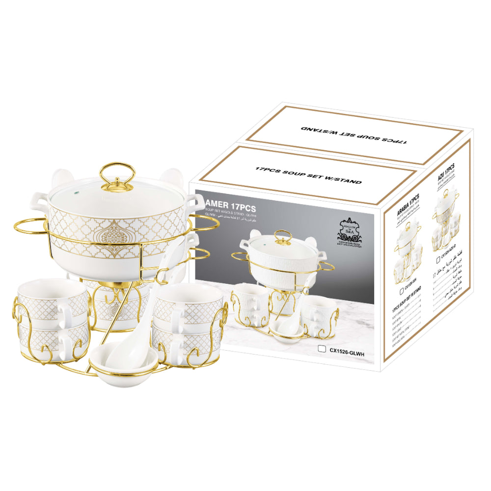 Shallow Badr 17 Piece Soup Set with Gold Stand - Luxurious White Porcelain