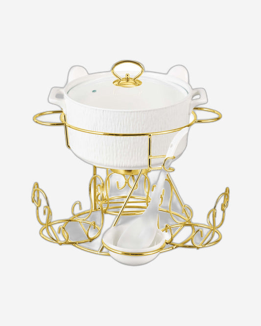 Shallow Amer 17 Piece Porcelain Soup Set with Gold Stand - Modern & Elegant Dining Collection, Soup Bowls