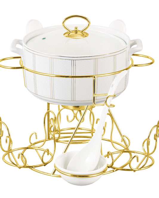Shallow Ritz 17 Piece Soup Set with Gold Stand - Luxurious White Porcelain Dinnerware for Elegant Dining, Soup Bowl