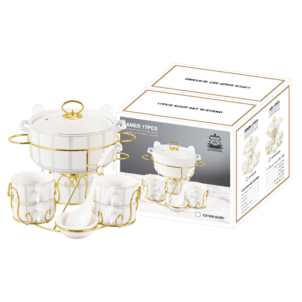 Shallow Ritz 17 Piece Soup Set with Gold Stand - Luxurious White Porcelain Dinnerware for Elegant Dining, Soup Bowl