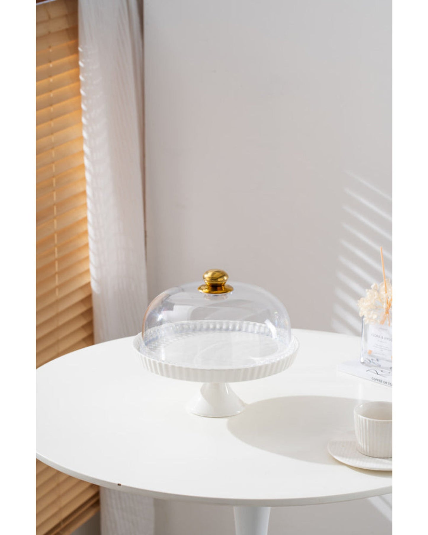 Shallow Elegant Porcelain 27cm White Cake Plate with Plastic Lid